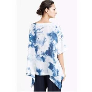 Eskandar Tye Dye NAVY Light Weight Linen 30" Long Drop Sides Tunic Top (0)